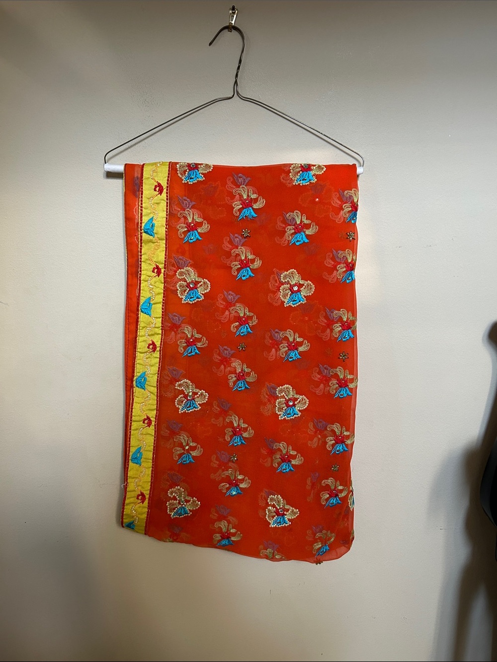 Orange Floral Dupatta with Yellow Trim